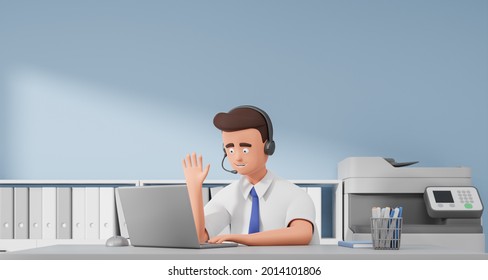 Cartoon businessman making online conference with headphones and laptop at modern minimal office. Call center headset, talking to the customer. 3d render illustration - Powered by Shutterstock