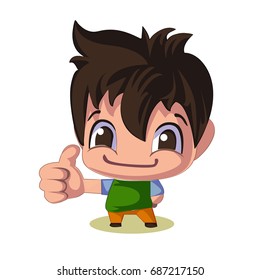 Cartoon Businessman, Thumb Up Gesture. Business And Manager Theme, Comic Speech And Smiling Face Expression. A Boy With Dark Brown Hair, Handsome Man