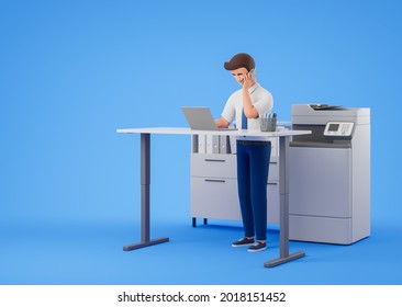 Cartoon Businessman Work With Laptop And Talk Phone At Blue Studio With Shelf And Copy Machine. 3d Render Illustration.