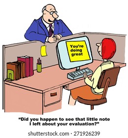 Cartoon of businesswoman, businessman boss has put a note on her computer, you're doing great.