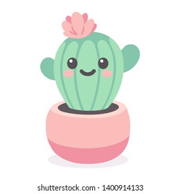 Cartoon Cactus Character With Flower And Cute Face. Kawaii Potted Plant Illustration.