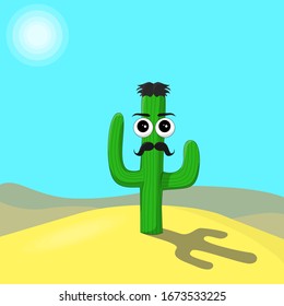 Cartoon Cactus With Hair And Mustache In Hit Sunny Sand Desert  Art Illustration. Mexican South Central American Texas Logo Poster Card For Tourism Advertisement