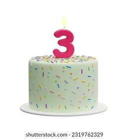 Cartoon cake with a candle in the shape of the number 3. Third birthday cake, anniversary. Isolated illustration on white background, 3d rendering - Powered by Shutterstock