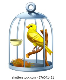 Cartoon Canary In Cage - Isolated - Illustration For The Children