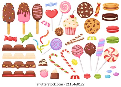 Cartoon candies, sweets, desserts, lollipops, chocolate. Candy, cupcake, macaron, ice cream, jelly worm. Sweet confectionery dessert  set. Cookies and muffins for candy bar isolated on white