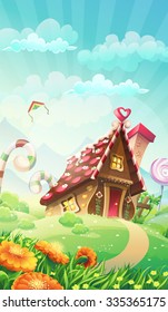 Cartoon candy house on the meadow - illustration