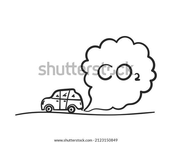 Cartoon\
car blowing exhaust fumes, Doodle CO2 smoke cloud coming from\
automobile into air, Environmental concept of pollution, Hand drawn\
illustration isolated on white background\
sketch