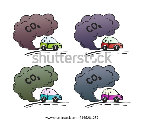 Cartoon car blowing exhaust fumes different\
color set, Doodle CO2 smoke cloud from small automobile into air,\
Environmental concept of pollution illustration isolated on white\
background