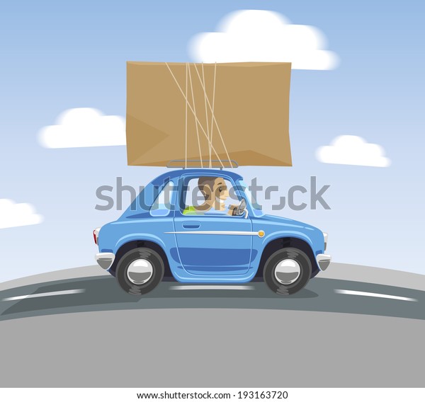 cartoon car carries a box\
on the roof