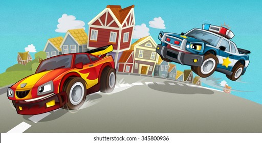 Cartoon Car Chase - Illustration For The Children