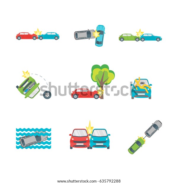 Cartoon Car Crash Set Different Variants\
Accidents Flat Design Style.\
illustration