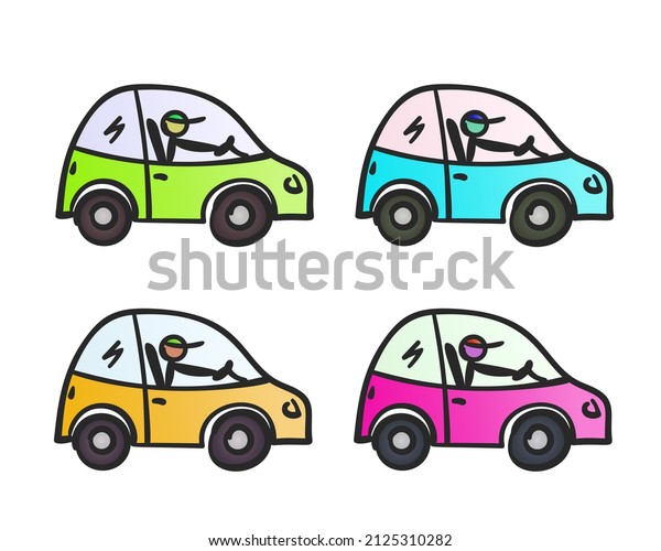 Cartoon car\
different color set with stick figure driver Doodle style small\
automobile, Simple illustration\
isolated
