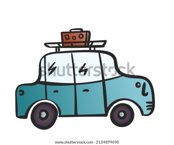 Cartoon car with luggage on roof, Blue retro car\
doodle road trip, Hand drawn illustration isolated on white\
background,\
clipart