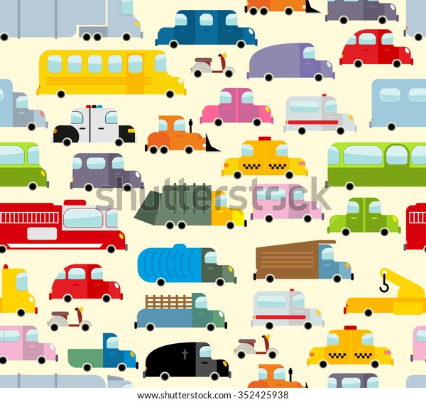 Cartoon car pattern. City traffic jam.\
Diverse ground Transoprt. Background seamless toy cars. Passenger\
and freight transports. Hearse and ambulance \
