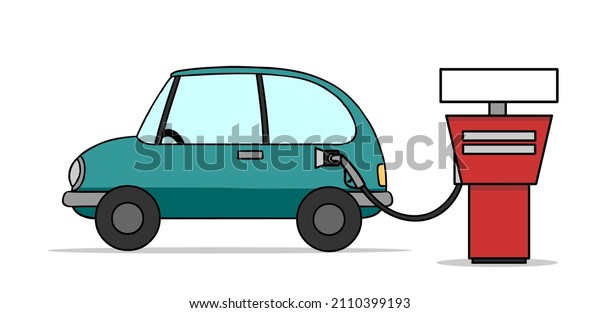 Cartoon car\
is refueling at gas pump of gas\
station
