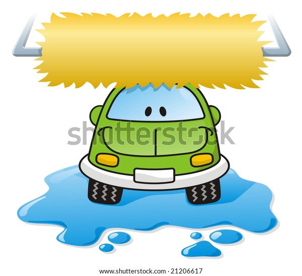 Cartoon\
car washing with roller brush and water\
splash