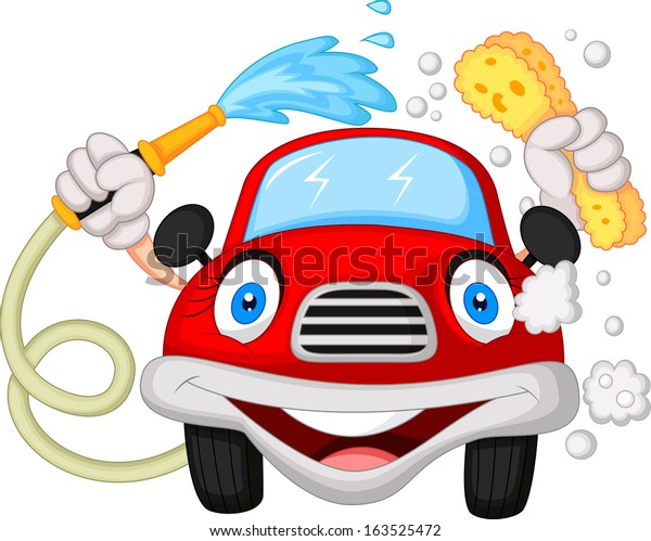 Cartoon car
washing with water pipe and sponge

