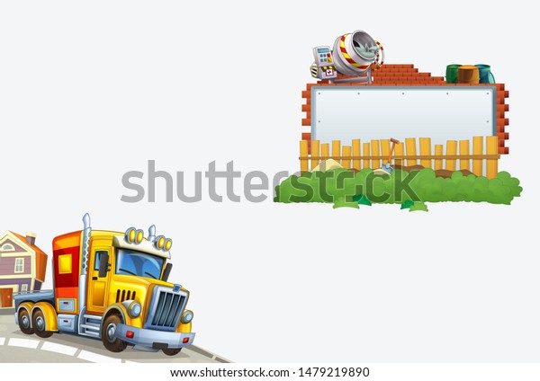 cartoon cargo truck on the\
street in the city with title page - illustration for\
children