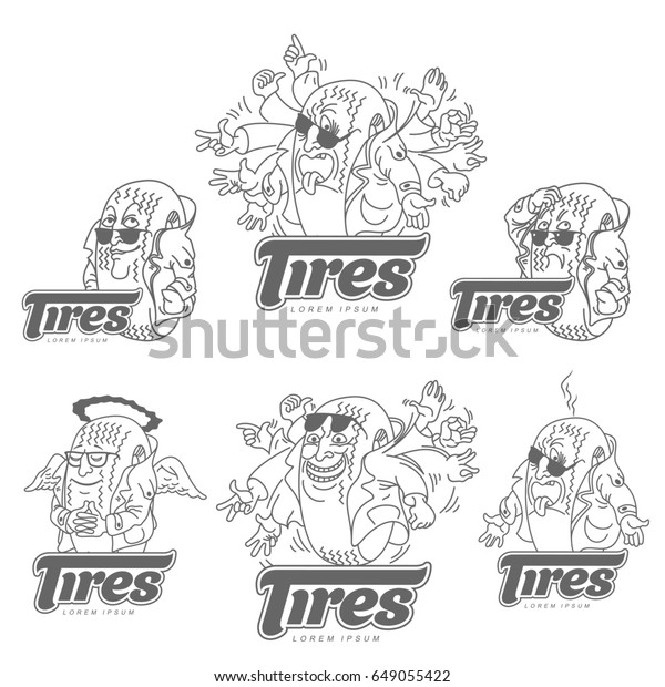 Cartoon\
caricature character tire logo template. Character wheel worried\
about problems. Template for business card, poster, banner, design\
elements. Illustration on white\
background.