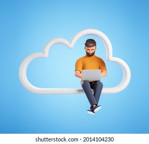 Cartoon Casual Beard Man Working With Laptop On The Cloud Over Blue Background. Big Data Cloud Technology Concept. 3d Render Illustration.