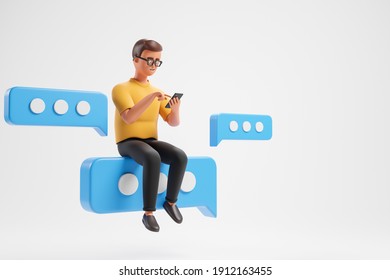 Cartoon casual character man seat at blue text bubble and use smartphone over white background. 3d render illustration. - Powered by Shutterstock