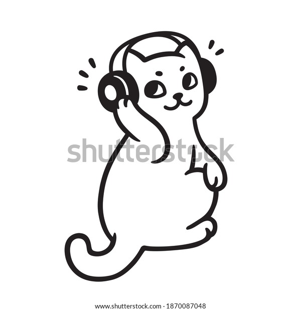 音楽を聴くヘッドフォンを持つ漫画の猫 可愛い音楽ファンの子猫画 白黒イラスト のイラスト素材