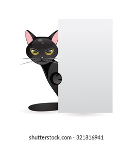 Cartoon cat peeks out from behind a banner with space for text