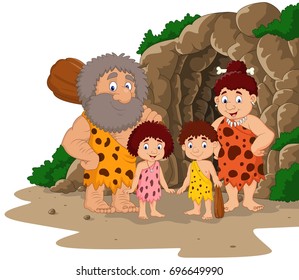Cartoon Caveman Family With Cave Background