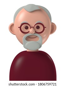 Cartoon Character 3d Avatar Happy Older Caucasian Man With Grey Beard, Isolated On White Background