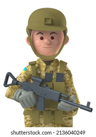 Cartoon character 3d avatar Ukrainian male soldier in combat gear isolated on white background.

