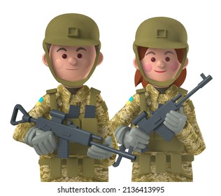Cartoon character 3d avatar Ukrainian male and female soldier together in combat gear isolated on white