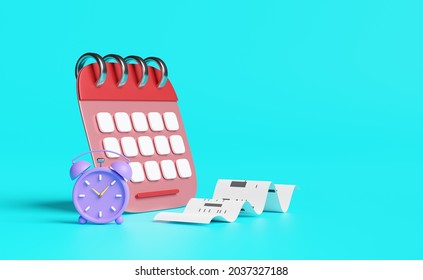 cartoon character alarm clock wake-up time morning with calendar, invoice or paper check receipt, space isolated on blue background. concept 3d illustration or 3d render - Powered by Shutterstock