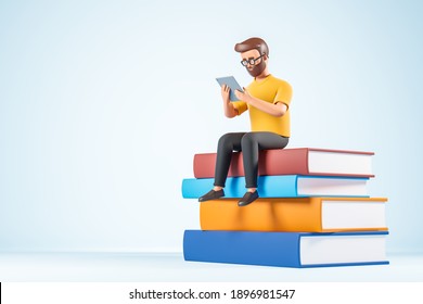 Cartoon character beard man in glasses yellow tshirt seat at books and use digital tablet. Online education concept. 3d render illustration.