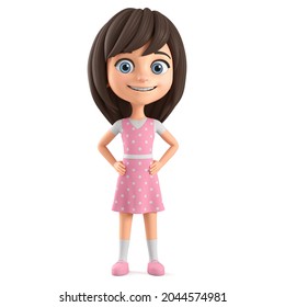 Cartoon Character Beautiful Girl In A Pink Dress And Blue Eyes On A White Background. 3d Render Illustration.