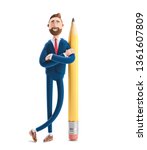 Cartoon character Billy with a big pencil. 3d illustration