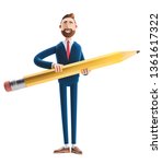 Cartoon character Billy with a big pencil. 3d illustration