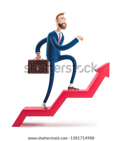 Cartoon character Billy goes to success. 3d illustration. Concept of financial growth. Dashboard with the analysis of finance ストックフォト © 
