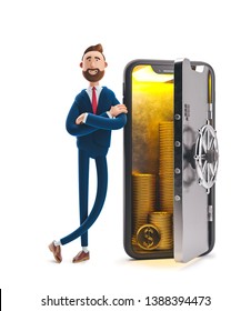 Cartoon Character Billy Stand With A Telephone In The Form Of A Safe. Mobile Banking Concept. Online Bank. 3d Illustration