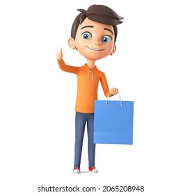 Cartoon character boy in orange sweatshirt on white isolated background holds shopping bag and shows thumb up. 3d render illustration.