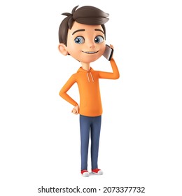 Cartoon character boy in orange sweatshirt speaks by mobile phone on white isolated background. 3d render illustration.