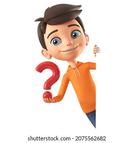 Cartoon character boy in orange sweatshirt peeks out from behind a blank board and shows a question mark. 3D rendering. Illustration for presentation.