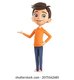 Cartoon character boy in orange sweatshirt points his hand to the side. 3D rendering. Illustration for presentation.