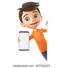 Cartoon character boy in an orange sweatshirt shows a mobile phone. 3d render illustration.