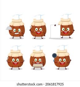 Cartoon character of brown honey jar with various chef emoticons.Vector illustration