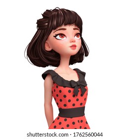 Cartoon Character Of Brunette Girl With Big Brown Eyes. Beautiful Cute Fashion Valentines Girl In Red Dress With Black Polka Dots. Portrait Of Dreamy Young Woman. 3d Render Isolated On White Backdrop