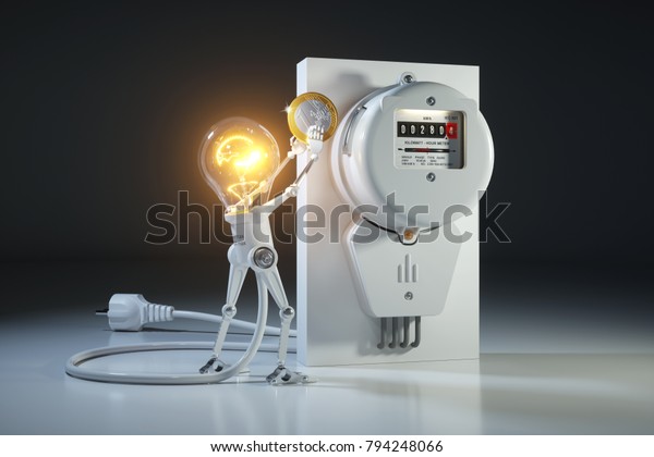 Cartoon character bulb light robot pays\
tariffs utility in kilowatt hour meter. 3d\
concept