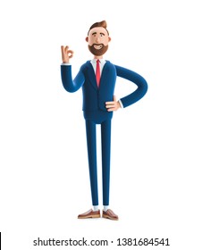 Cartoon Character Businessman Billy Shows Okay Or OK Gesture. 3d Illustration