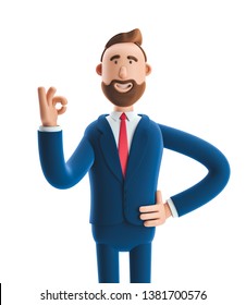 Cartoon character businessman Billy shows okay or OK gesture. 3d illustration