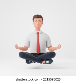 Cartoon character businessman closed eyes white shirt in lotus pose meditation relax dream isolated over white background. 3d render illustration - Powered by Shutterstock