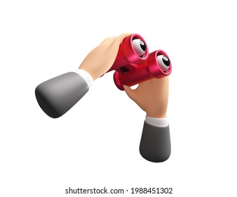 cartoon character businessman hand holds red binocular isolated on white background. 3d illustration or 3d render